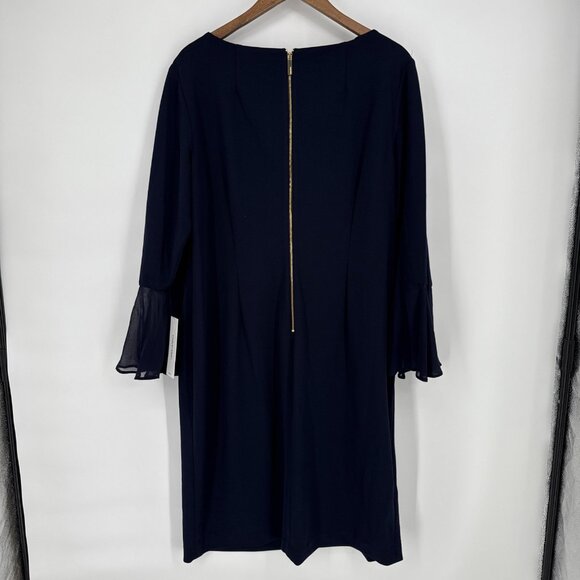 New CALVIN KLEIN Plus Size 20W Navy Blue 3/4 Bell Sleeve Boat Neck Sheath Dress - Picture 5 of 9